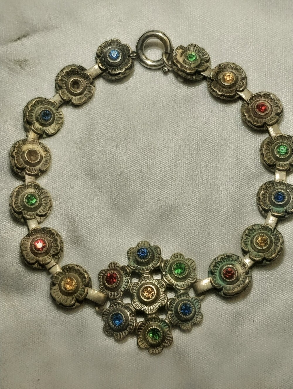 Vintage 1940's Brass Flower Link Multicolor Rhinestone Bracelet